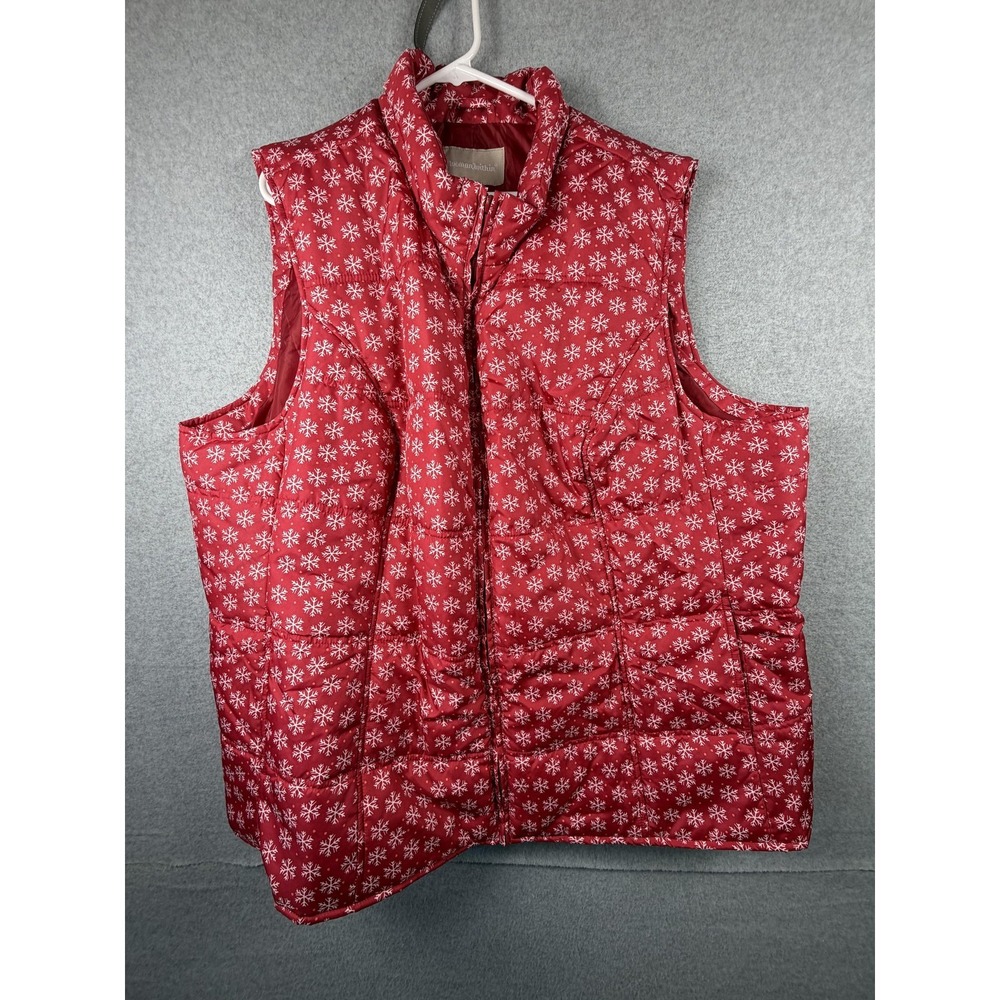 Woman Within Vest Womens 2X Red Quilted Snowflake Print Full Zip Holiday Puffer‎